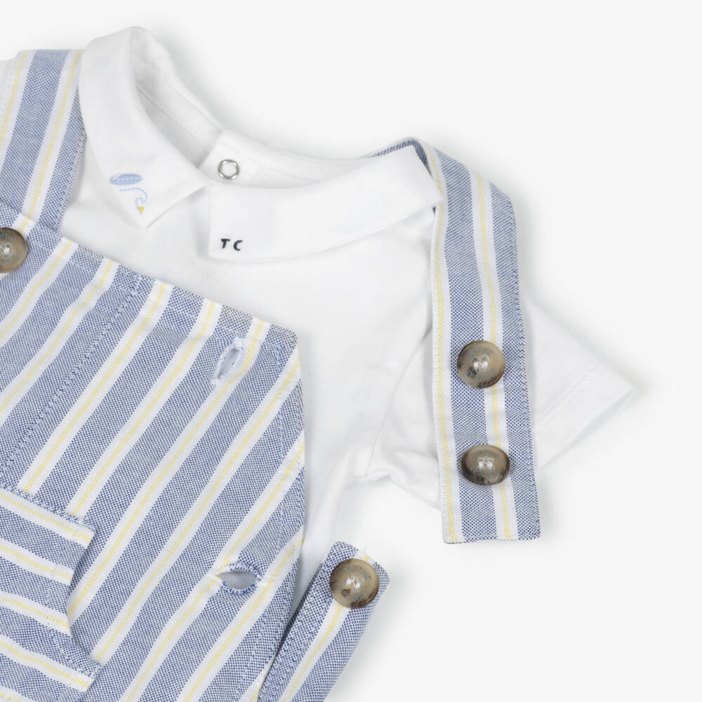 Tartine et Chocolat-Boys Blue Stripe Cotton Dungaree & White Jersey Bodysuit Set | Childrensalon