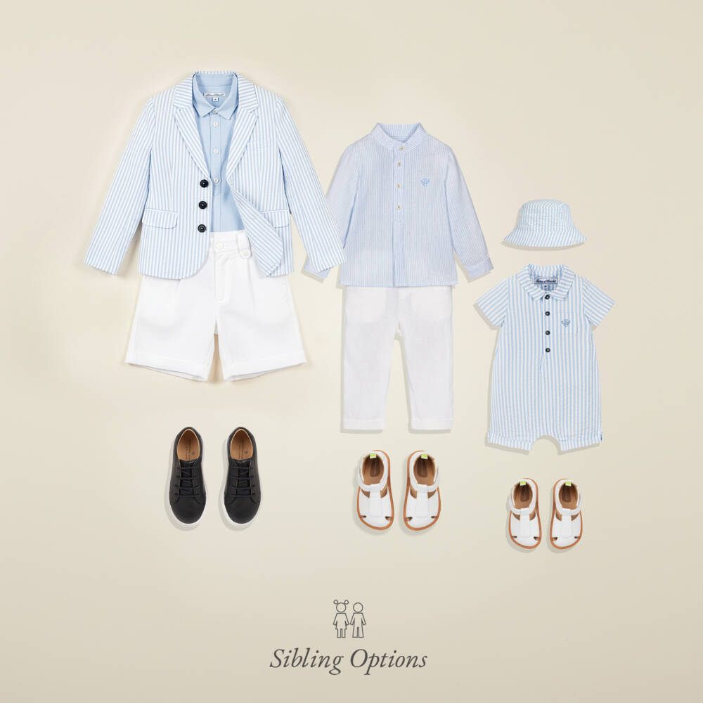 Tartine et Chocolat-Boys Blue Stripe Shirt & White Linen Trouser Set | Childrensalon