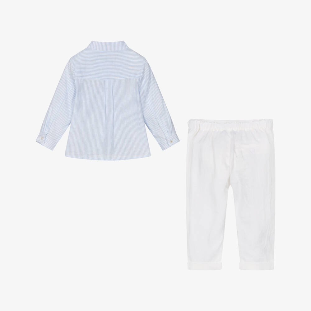 Tartine et Chocolat-Boys Blue Stripe Shirt & White Linen Trouser Set | Childrensalon
