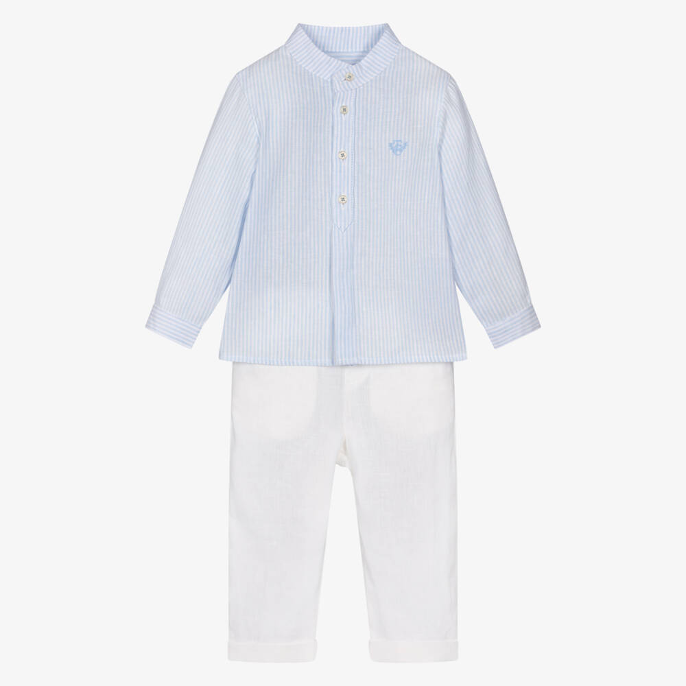 Tartine et Chocolat-Boys Blue Stripe Shirt & White Linen Trouser Set | Childrensalon