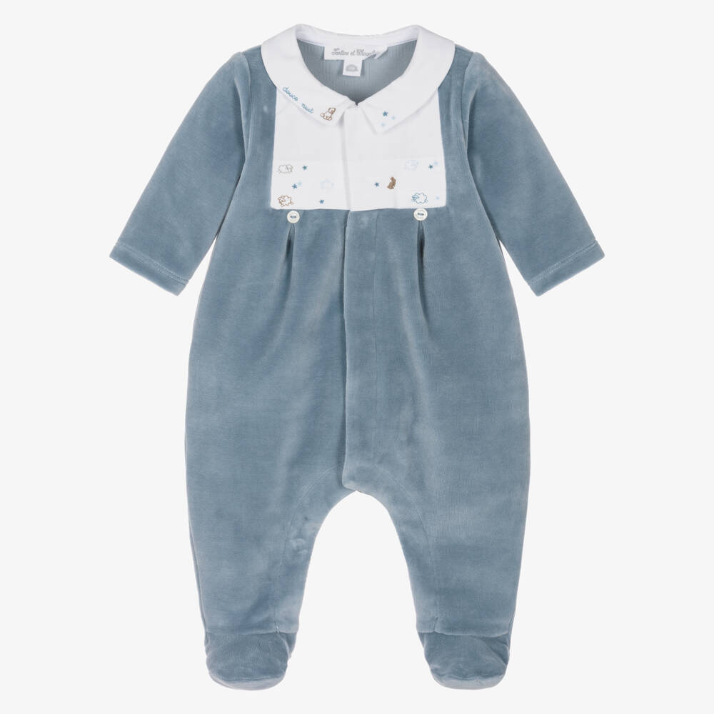 Tartine et Chocolat-Boys Blue Velour Babygrow | Childrensalon