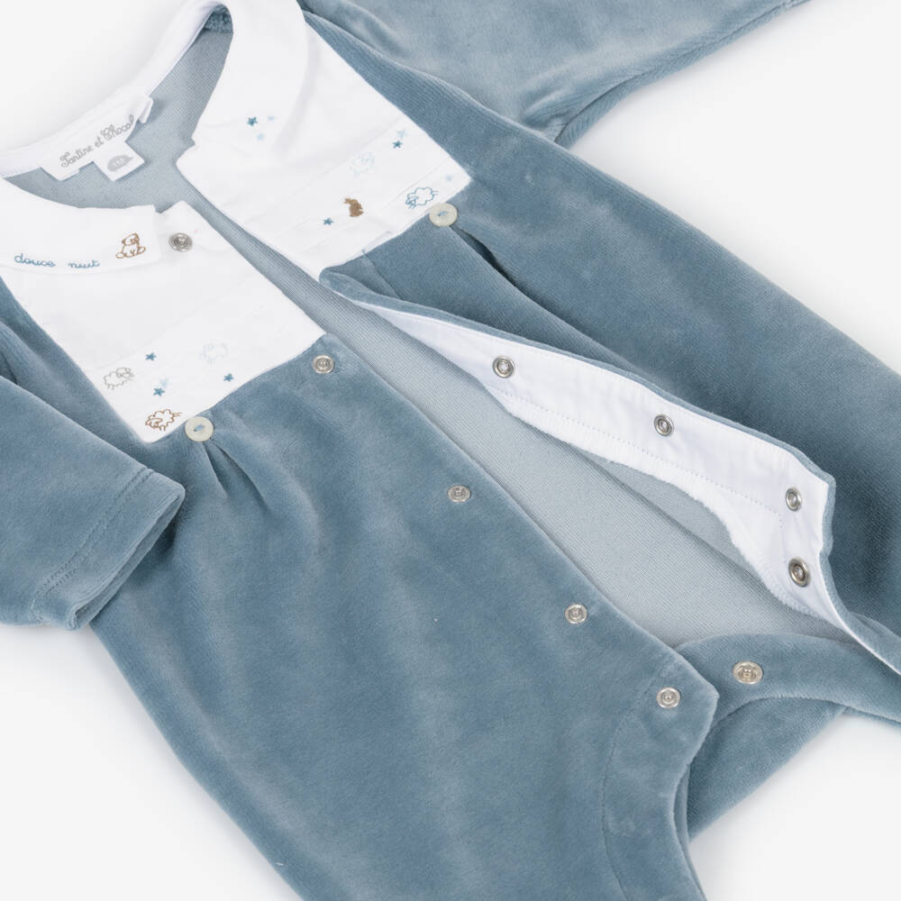 Tartine et Chocolat-Boys Blue Velour Babygrow | Childrensalon