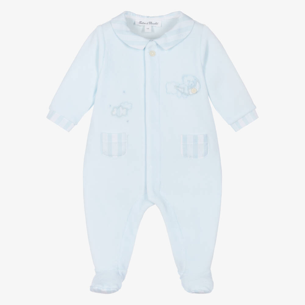 Tartine et Chocolat-Boys Blue Velour Babygrow with Bedtime Bear | Childrensalon