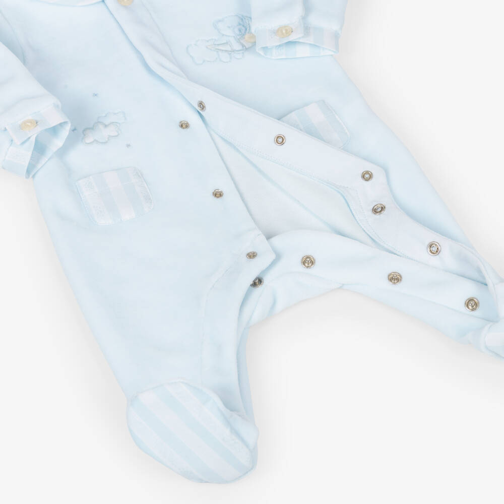 Tartine et Chocolat-Boys Blue Velour Babygrow with Bedtime Bear | Childrensalon