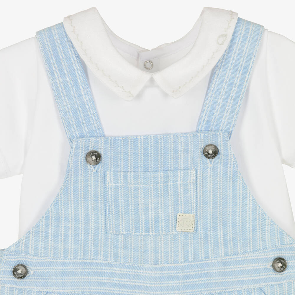 Tartine et Chocolat-Boys Blue & White Stripe Cotton Dungaree Set | Childrensalon