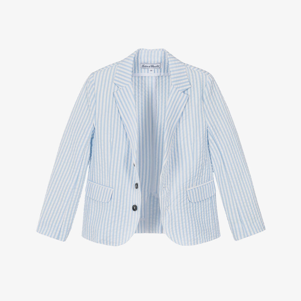 Tartine et Chocolat-Boys Blue & White Striped Cotton Seersucker Blazer | Childrensalon