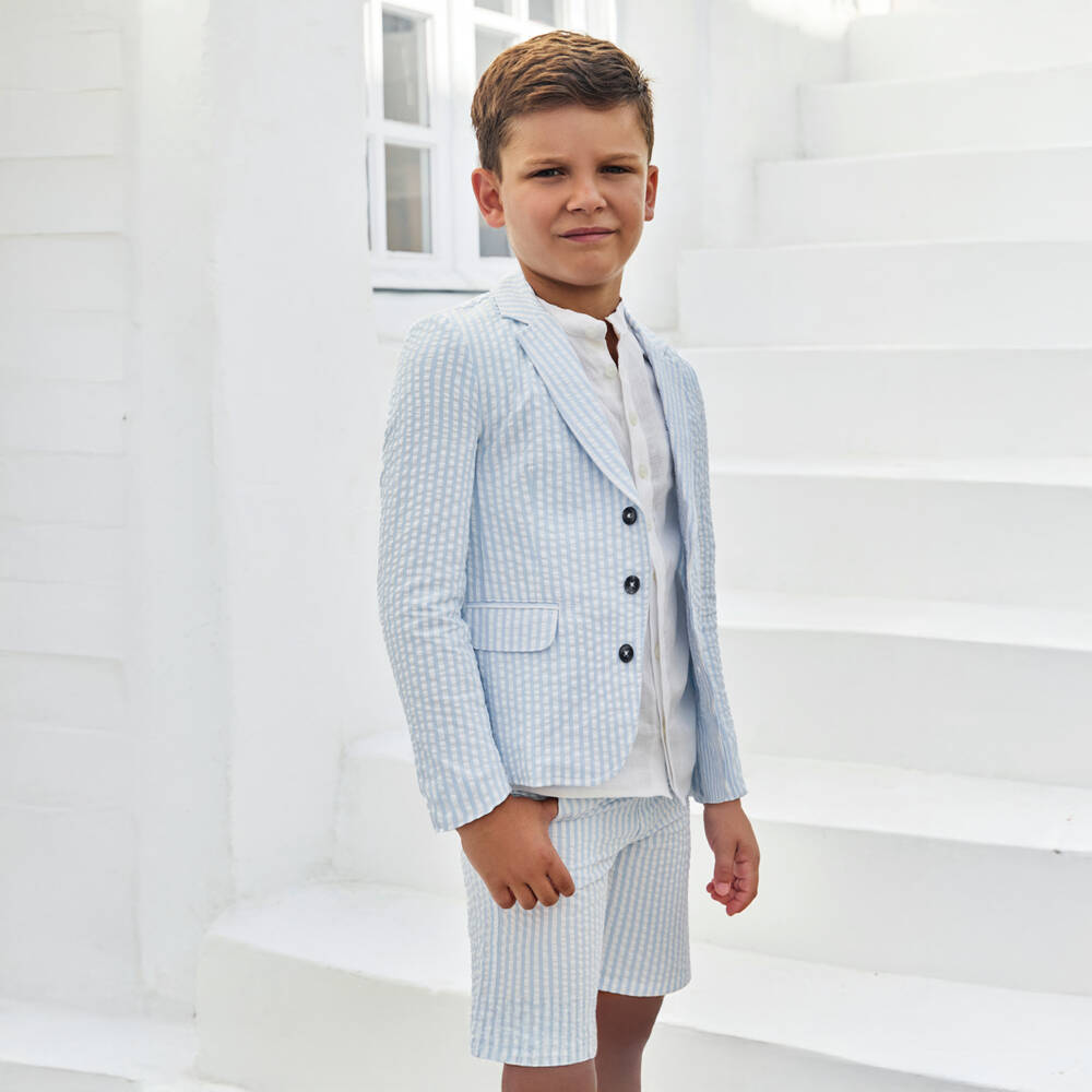 Tartine et Chocolat-Boys Blue & White Striped Cotton Seersucker Blazer | Childrensalon