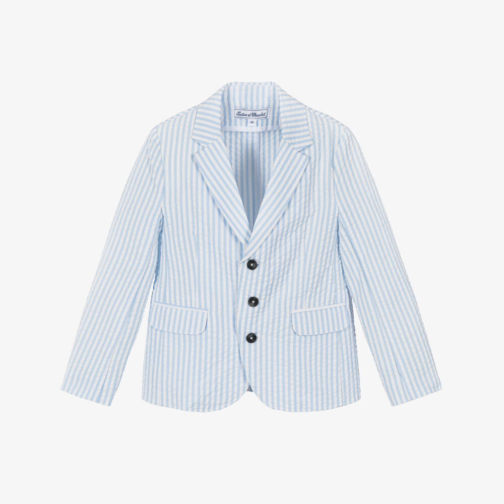 Tartine et Chocolat-Boys Blue & White Striped Cotton Seersucker Blazer | Childrensalon