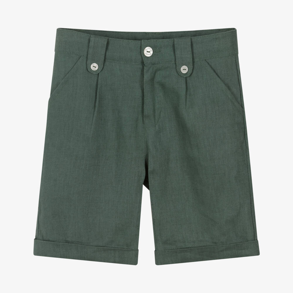 Tartine et Chocolat-Boys Green Linen Shorts with Buttoned Tabs | Childrensalon