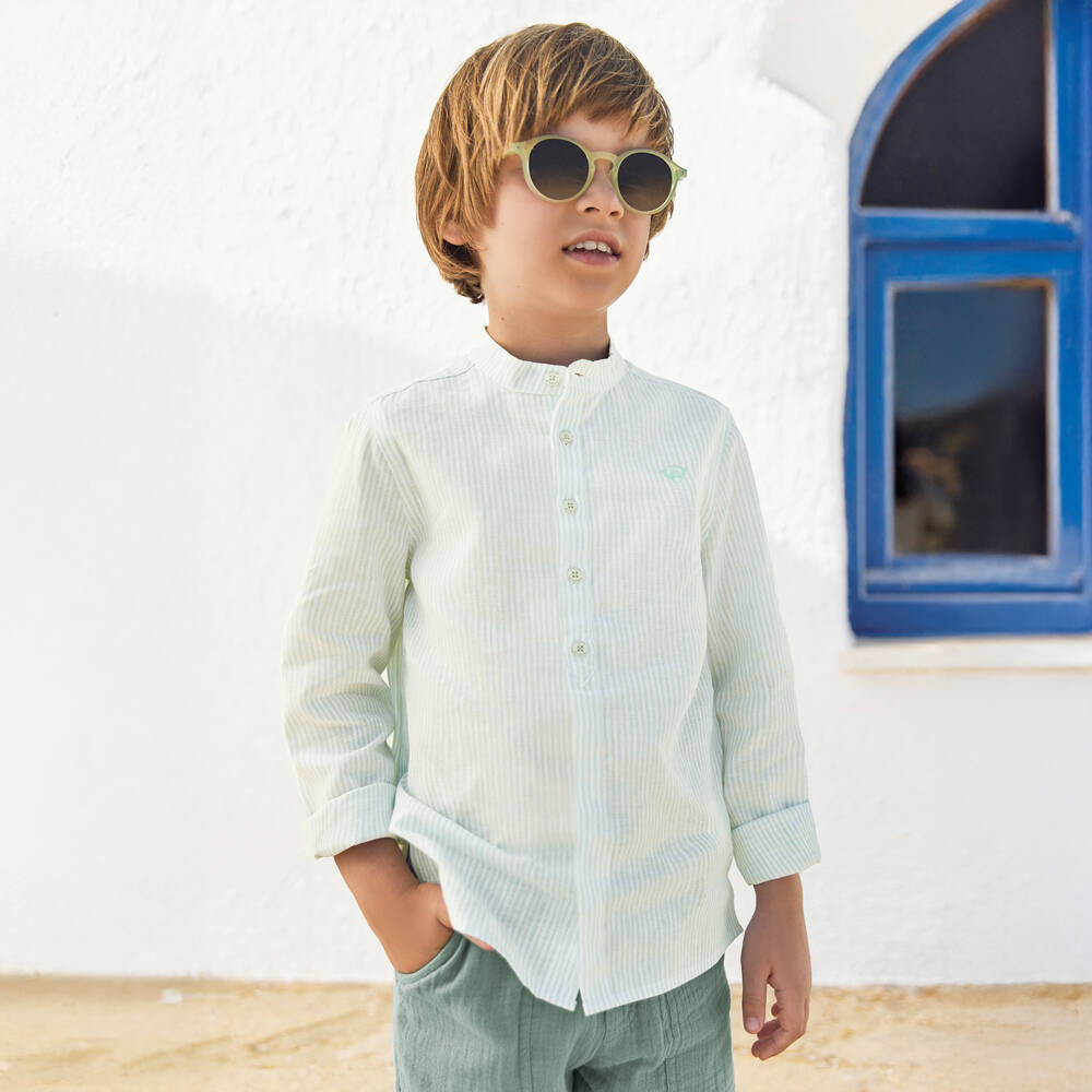 Tartine et Chocolat-Boys Green Striped Linen & Cotton Collarless Shirt | Childrensalon