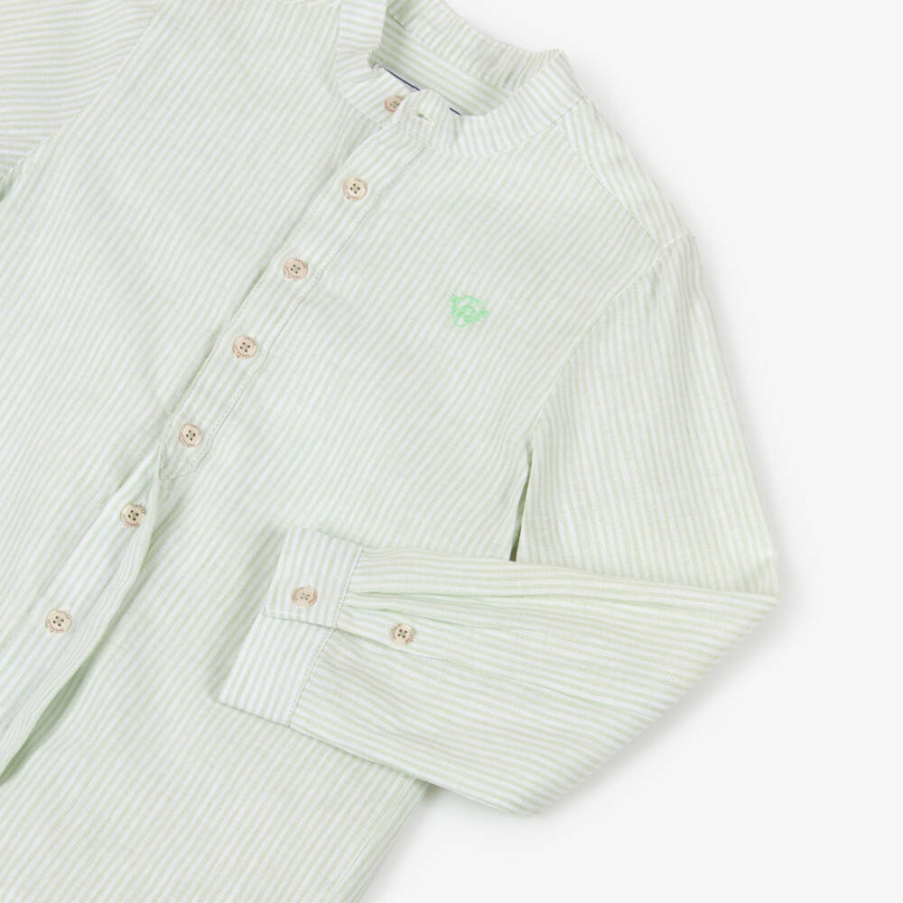Tartine et Chocolat-Boys Green Striped Linen & Cotton Collarless Shirt | Childrensalon