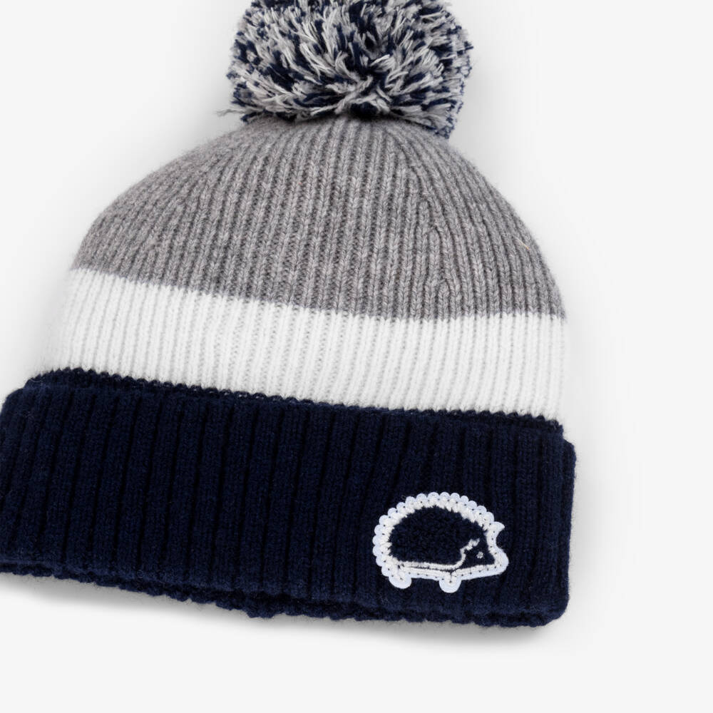 Tartine et Chocolat-Boys Grey & Blue Wool & Cashmere Knit Pom-Pom Hat | Childrensalon