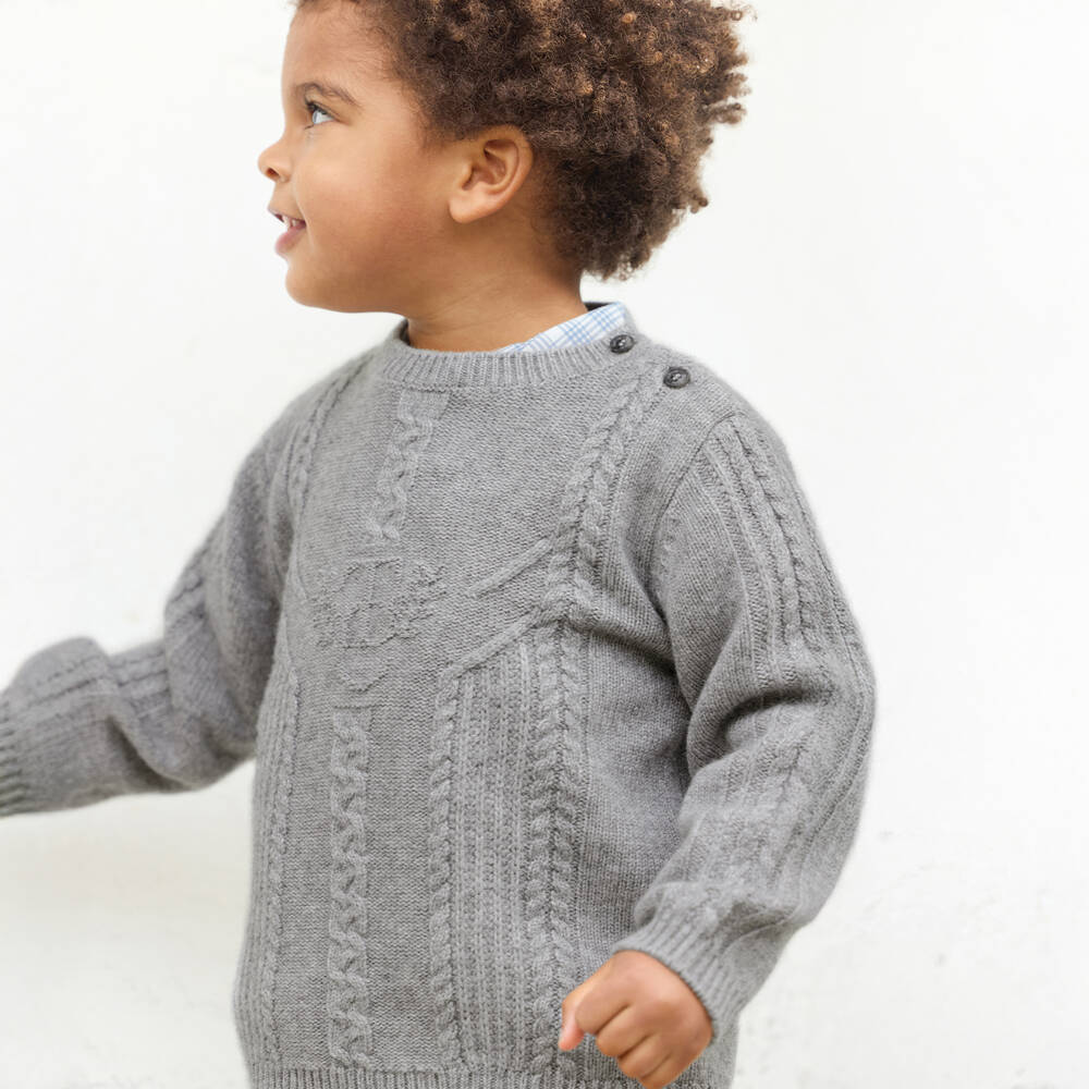 Tartine et Chocolat-Boys Grey Cable Knit Wool Jumper | Childrensalon