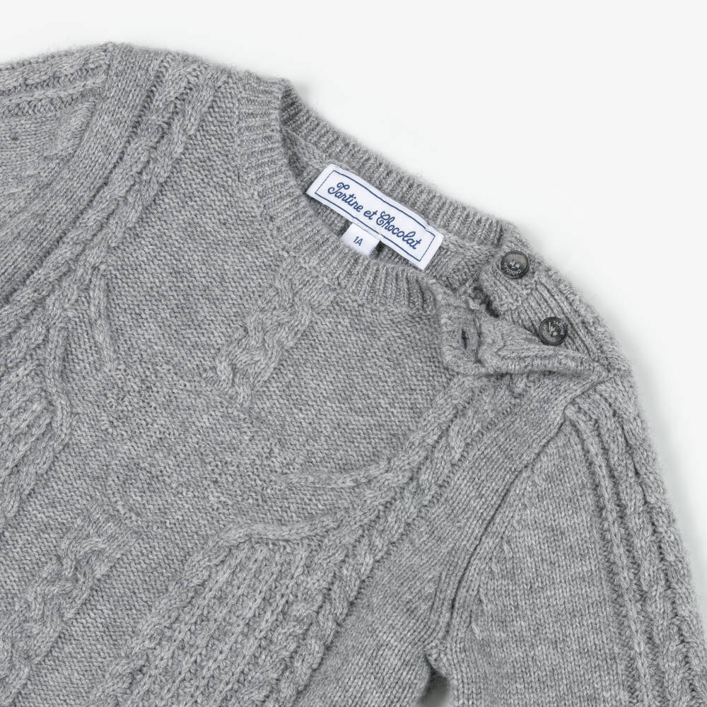 Tartine et Chocolat-Boys Grey Cable Knit Wool Jumper | Childrensalon