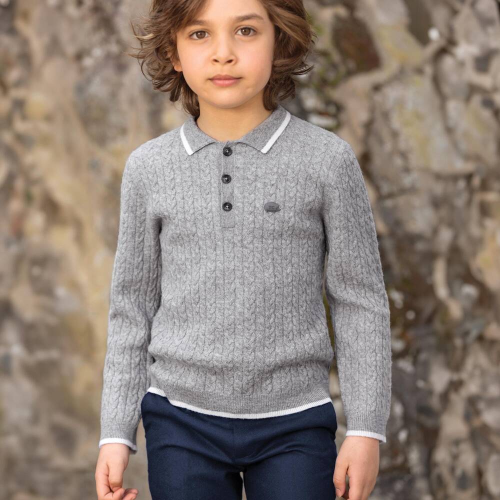 Tartine et Chocolat-Boys Grey Cable Knit Wool Sweater | Childrensalon