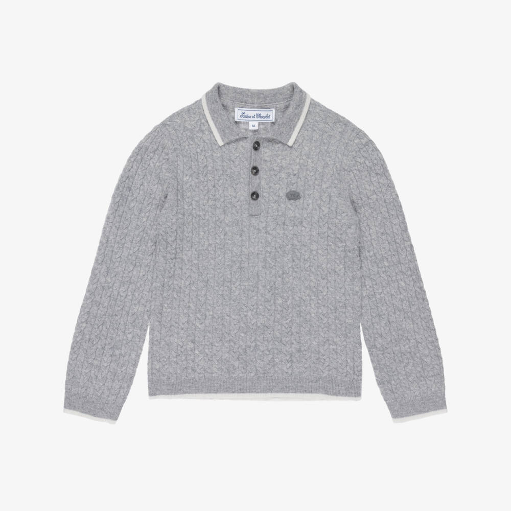 Tartine et Chocolat-Boys Grey Cable Knit Wool Sweater | Childrensalon