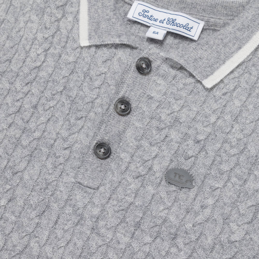 Tartine et Chocolat-Boys Grey Cable Knit Wool Sweater | Childrensalon