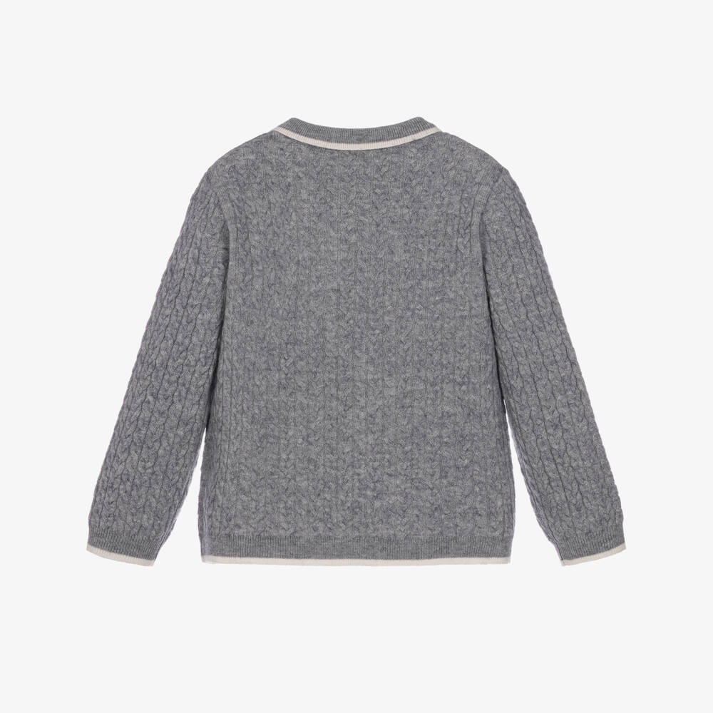 Tartine et Chocolat-Boys Grey Wool Cable Knit Polo Sweater | Childrensalon