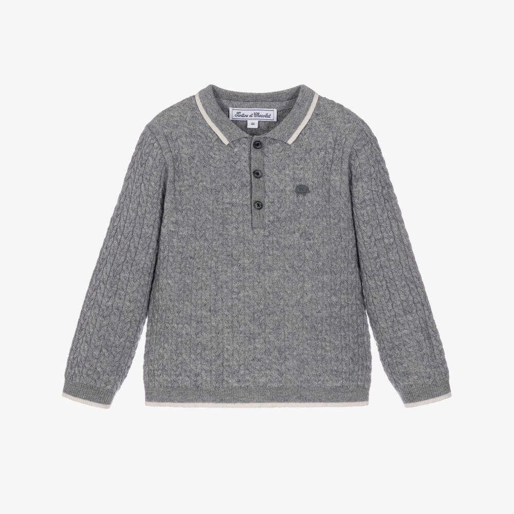 Tartine et Chocolat-Boys Grey Wool Cable Knit Polo Sweater | Childrensalon