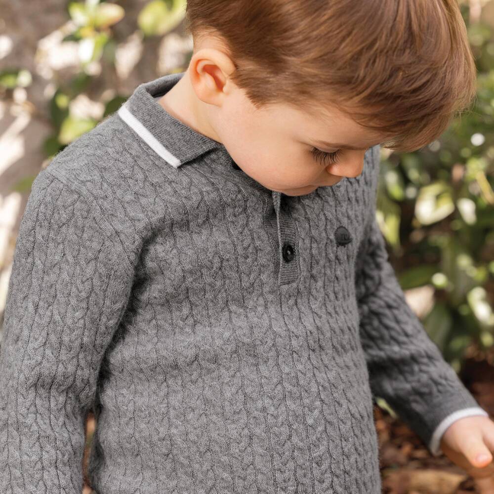 Tartine et Chocolat-Boys Grey Wool Cable Knit Polo Sweater | Childrensalon