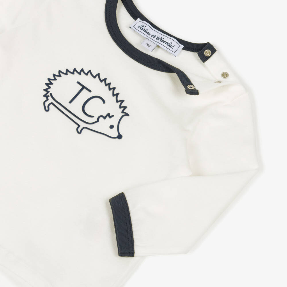 Tartine et Chocolat-Boys Ivory Cotton Hedgehog Motif Top | Childrensalon