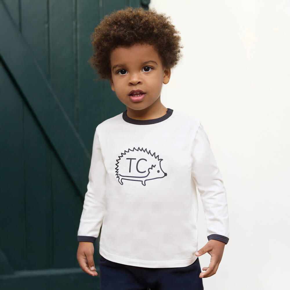 Tartine et Chocolat-Boys Ivory Cotton Hedgehog Motif Top | Childrensalon