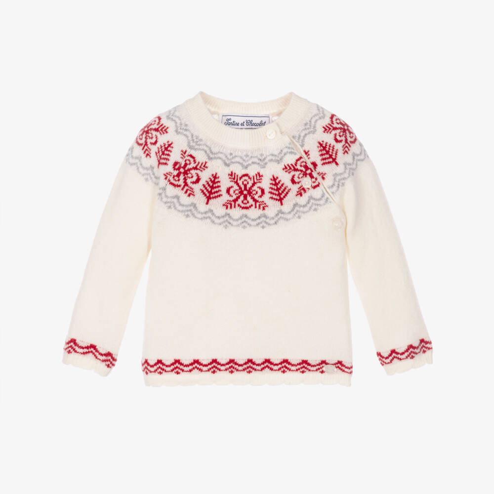 Tartine et Chocolat-Boys Ivory Fair Isle Sweater in a Wool Knit | Childrensalon