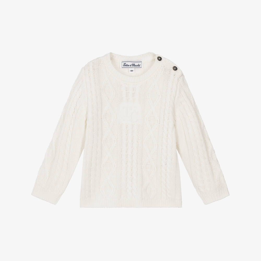 Tartine et Chocolat-Boys Ivory Textured Cable Knit Sweater  | Childrensalon
