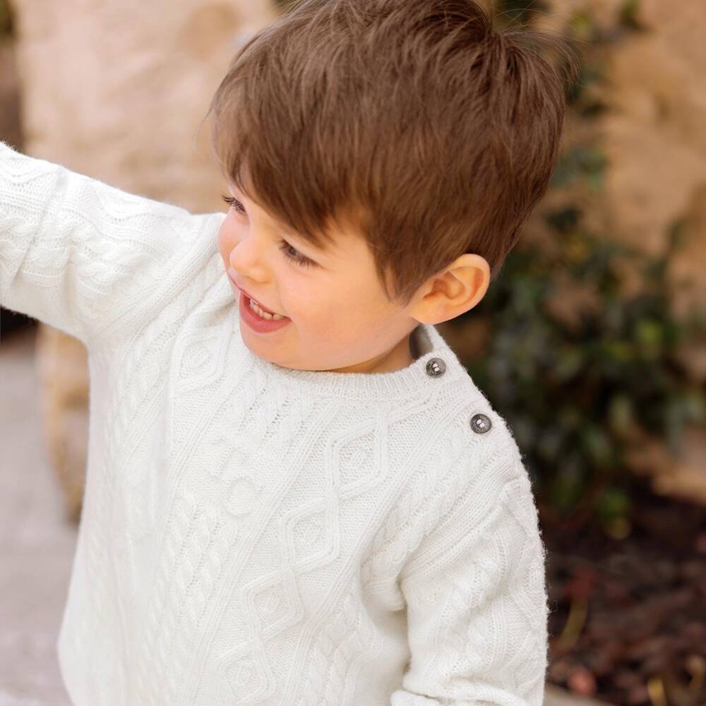 Tartine et Chocolat-Boys Ivory Textured Cable Knit Sweater | Childrensalon