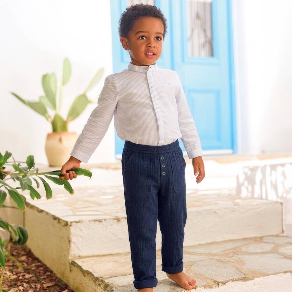 Tartine et Chocolat-Boys Navy Blue Cotton Muslin Trousers | Childrensalon