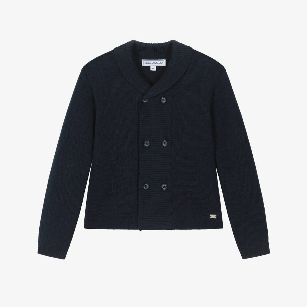 Tartine et Chocolat-Boys Navy Blue Knitted Cardigan with Collar | Childrensalon