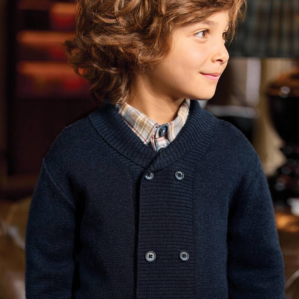 Tartine et Chocolat-Boys Navy Blue Knitted Cardigan with Collar | Childrensalon