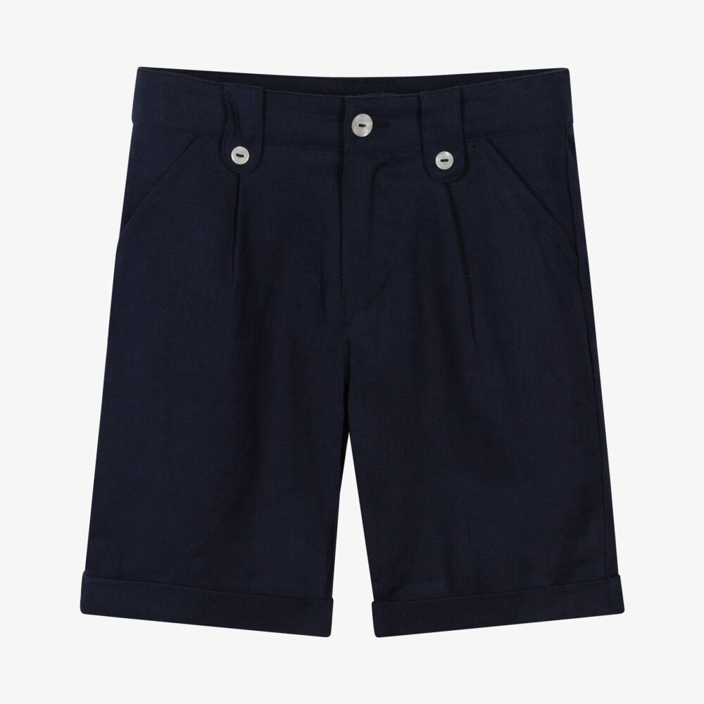 Tartine et Chocolat-Boys Navy Blue Linen Shorts with Buttoned Tabs | Childrensalon