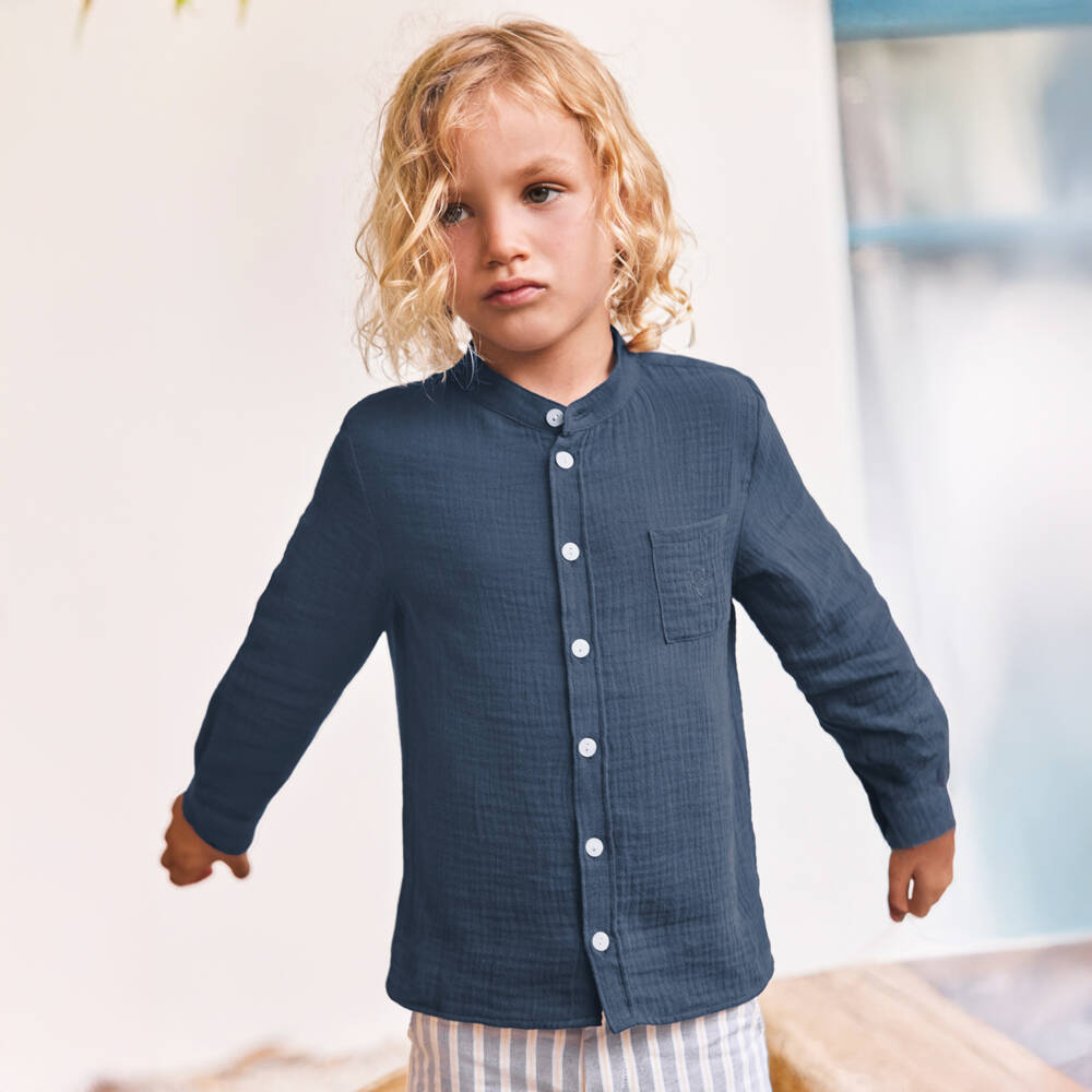 Tartine et Chocolat-Boys Navy Blue Muslin Cotton Collarless Shirt | Childrensalon