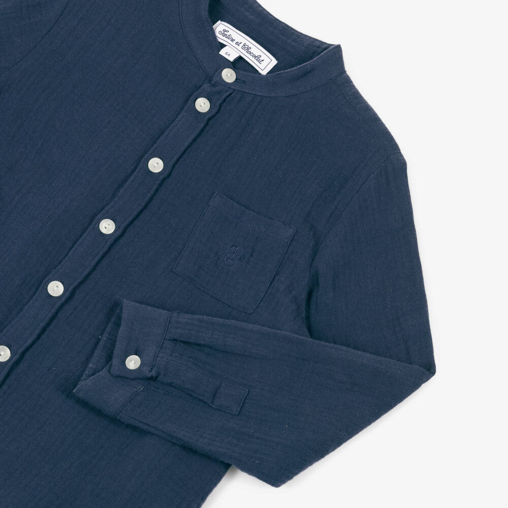 Tartine et Chocolat-Boys Navy Blue Muslin Cotton Collarless Shirt | Childrensalon