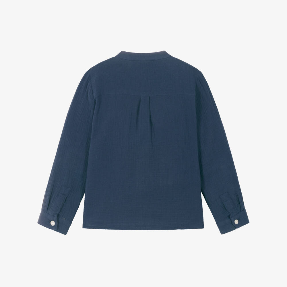 Tartine et Chocolat-Boys Navy Blue Muslin Cotton Collarless Shirt | Childrensalon