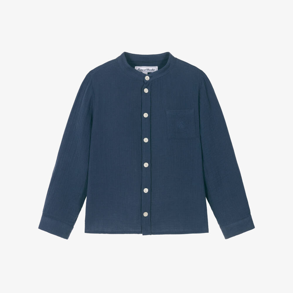 Tartine et Chocolat-Boys Navy Blue Muslin Cotton Collarless Shirt | Childrensalon