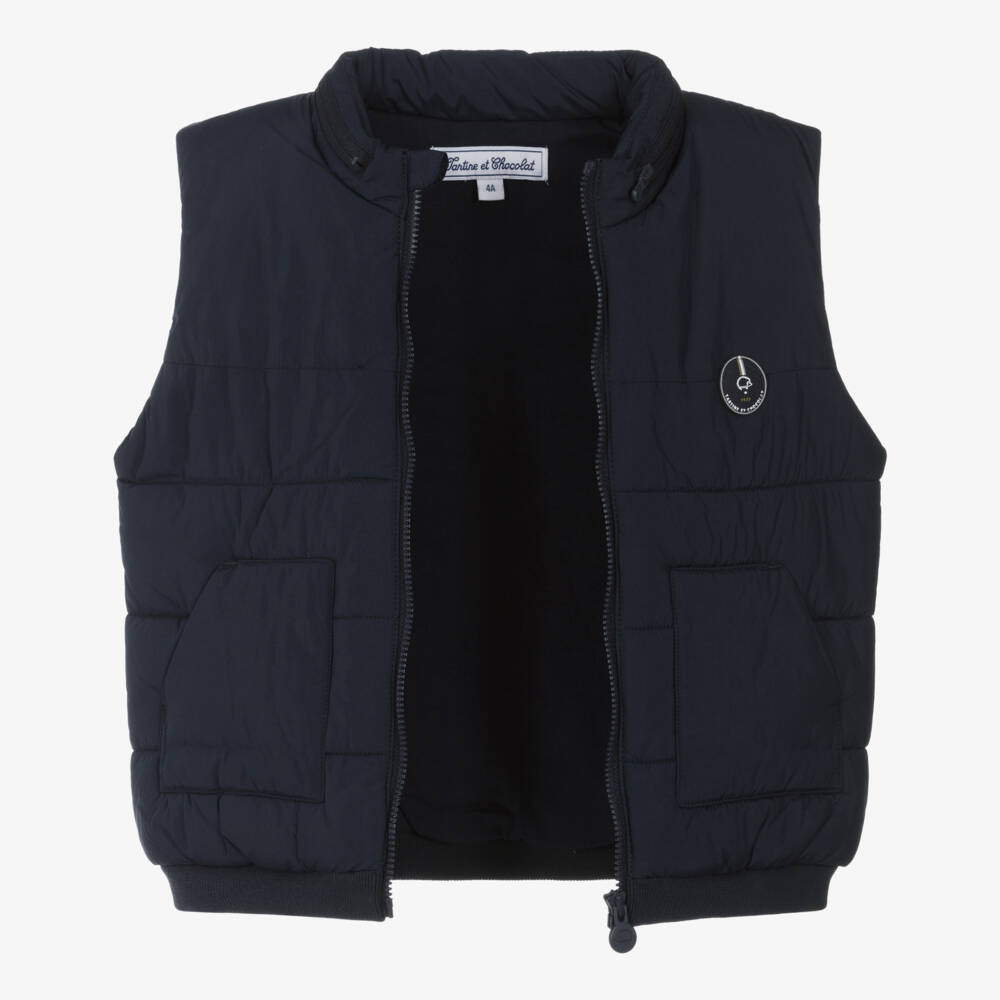 Tartine et Chocolat-Boys Navy Blue Padded Gilet with Foldaway Hood | Childrensalon
