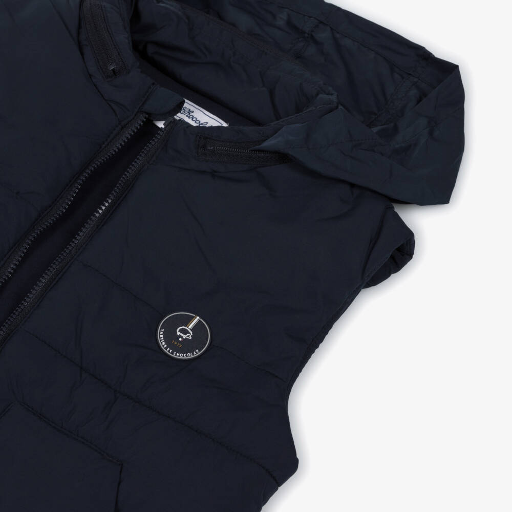 Tartine et Chocolat-Boys Navy Blue Padded Gilet with Foldaway Hood | Childrensalon