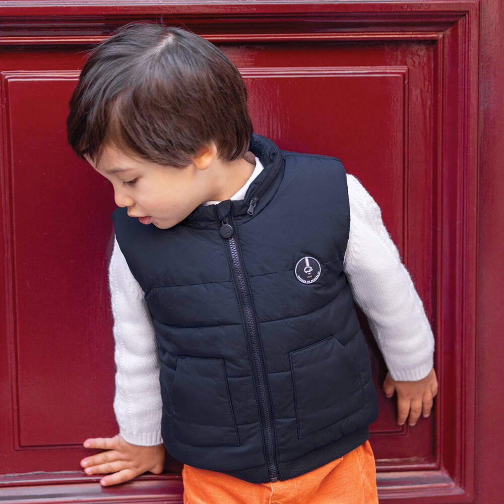 Tartine et Chocolat-Boys Navy Blue Padded Gilet with Foldaway Hood | Childrensalon