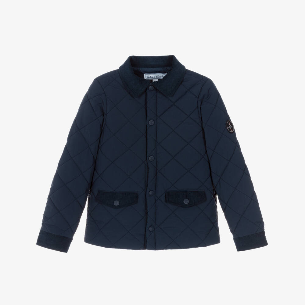 Tartine et Chocolat-Boys Navy Blue Quilted Jacket with Corduroy Collar | Childrensalon