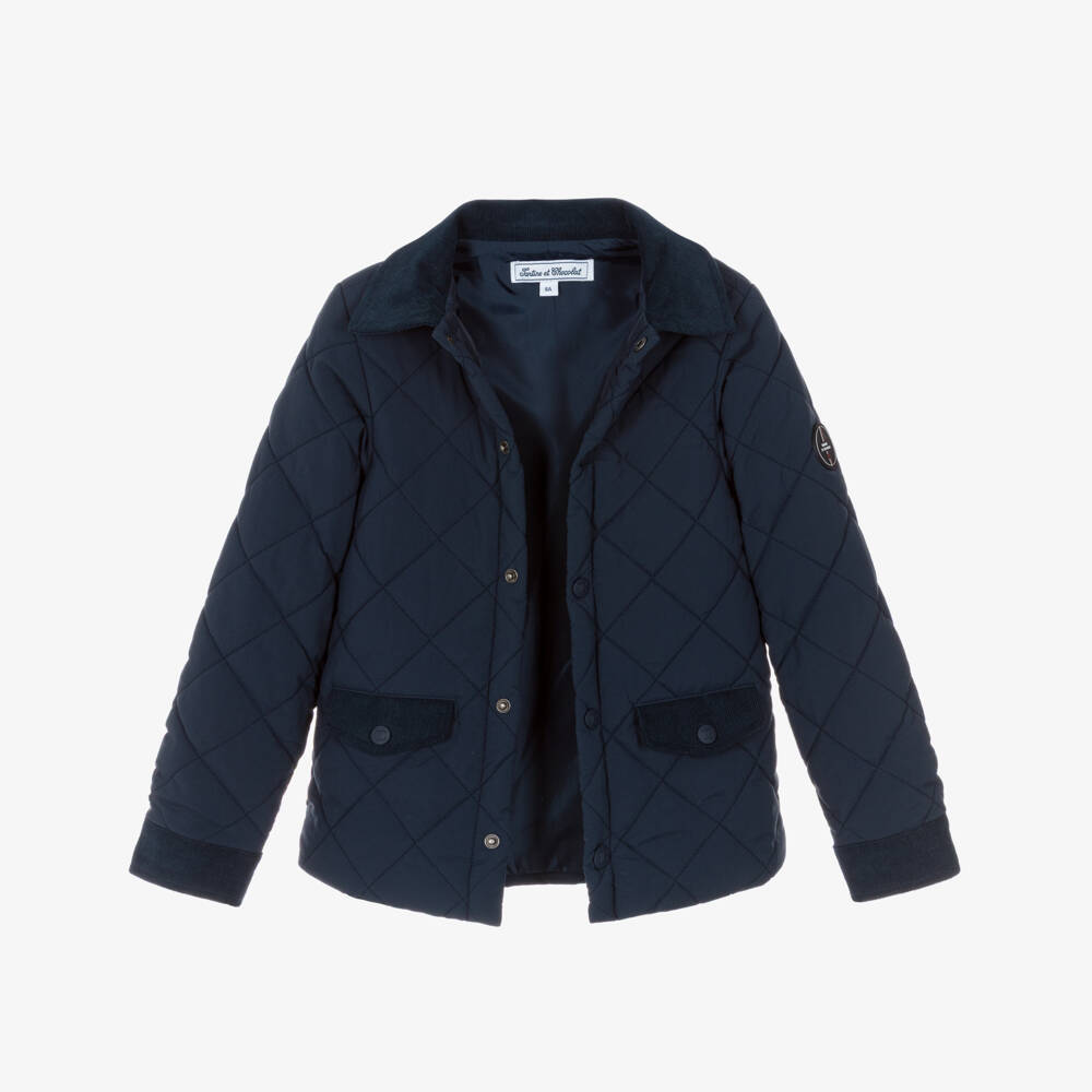 Tartine et Chocolat-Boys Navy Blue Quilted Jacket with Corduroy Collar | Childrensalon