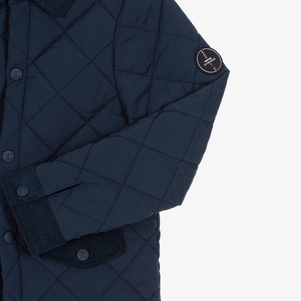 Tartine et Chocolat-Boys Navy Blue Quilted Jacket with Corduroy Collar | Childrensalon