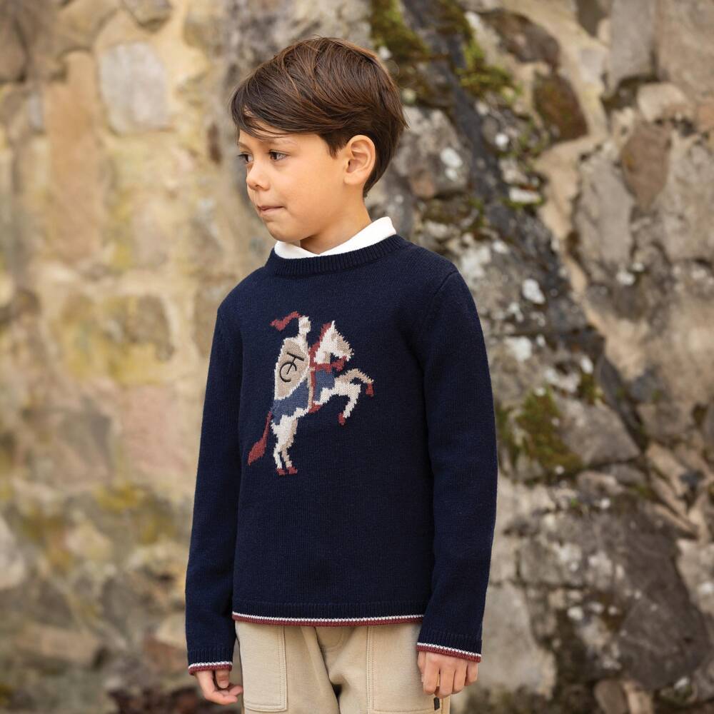 Tartine et Chocolat-Boys Navy Blue Wool Knit Sweater with Knight Motif | Childrensalon