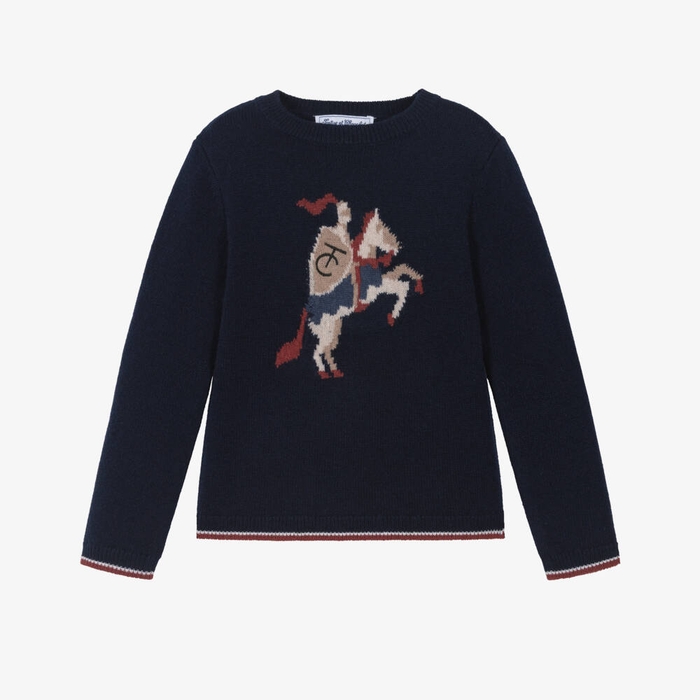 Tartine et Chocolat-Boys Navy Blue Wool Knit Sweater with Knight Motif | Childrensalon