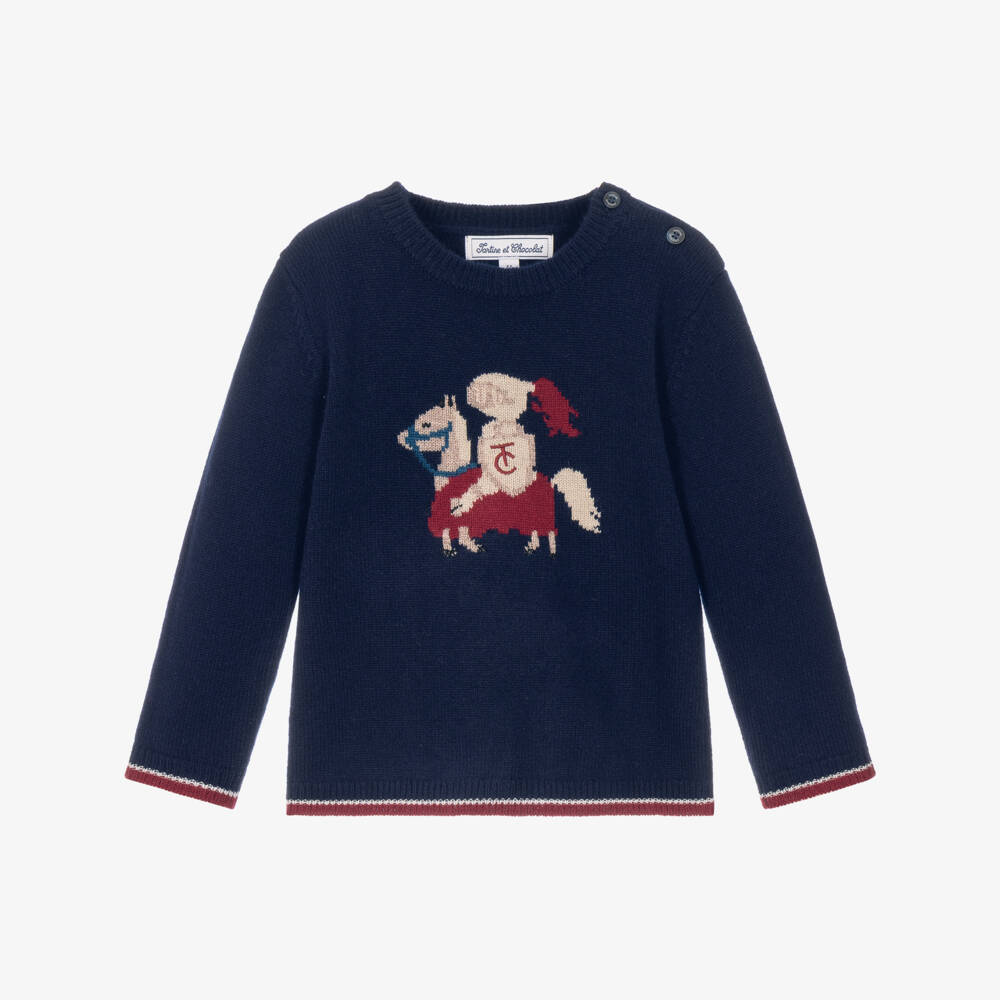 Tartine et Chocolat-Boys Navy Blue Wool Sweater with Knight Motif | Childrensalon