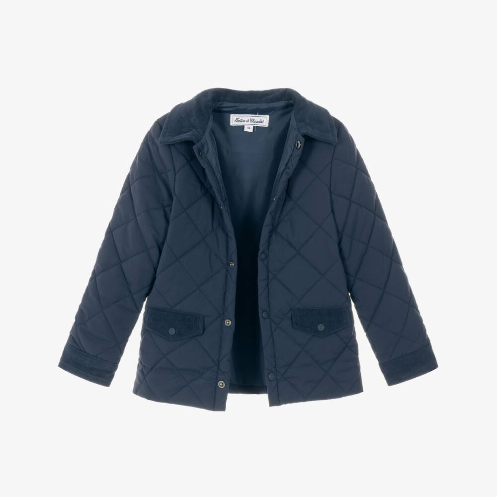 Tartine et Chocolat-Boys Navy Quilted Jacket with Corduroy Trims | Childrensalon
