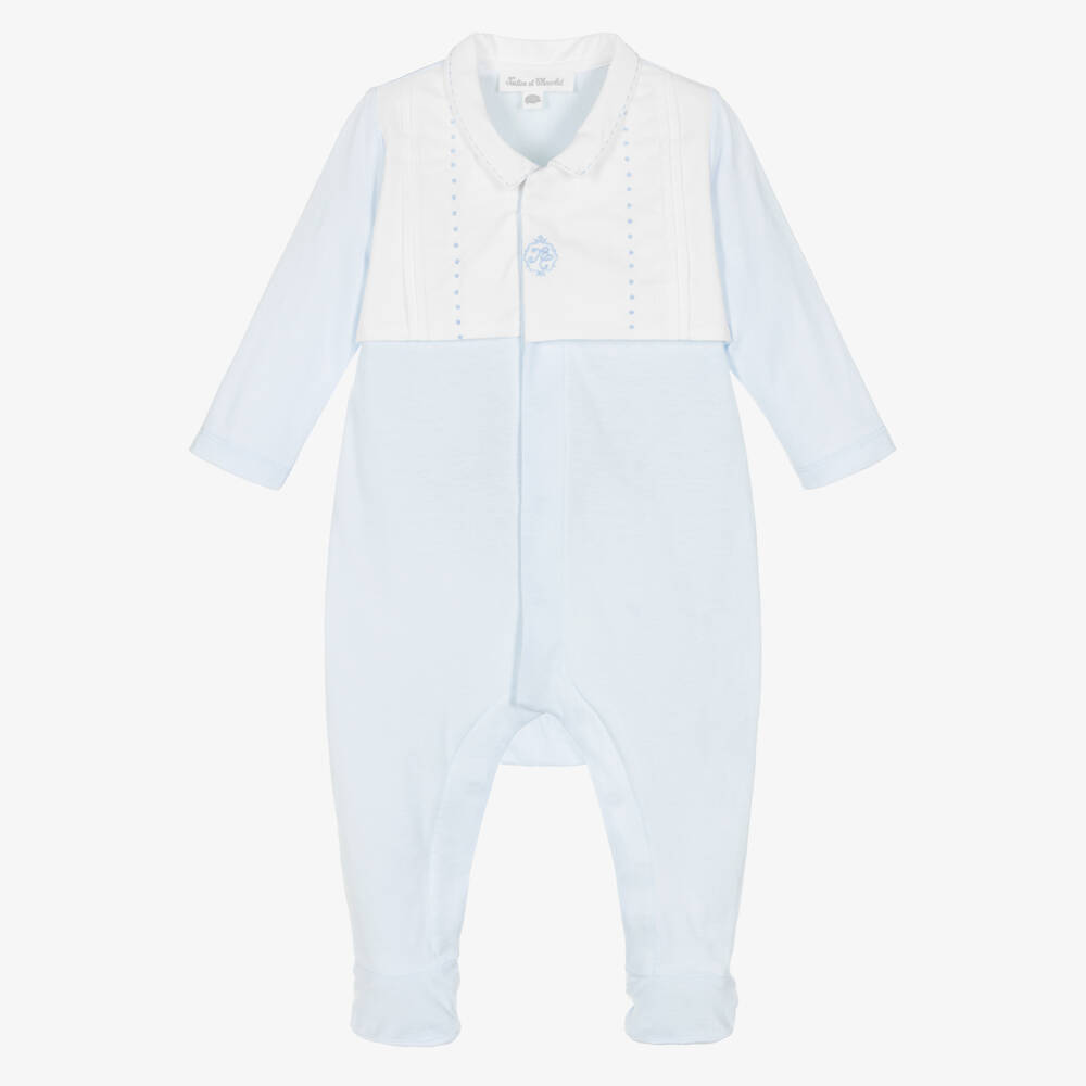 Tartine et Chocolat-Boys Pale Blue Cotton Babygrow with Embroidered Logo | Childrensalon