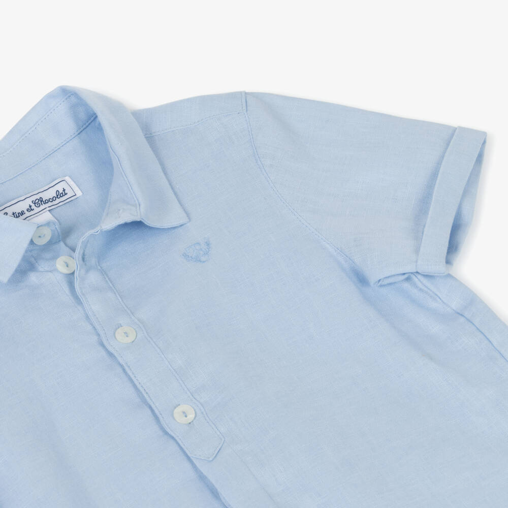 Tartine et Chocolat-Boys Pale Blue Linen Shirt with Embroidered Logo | Childrensalon