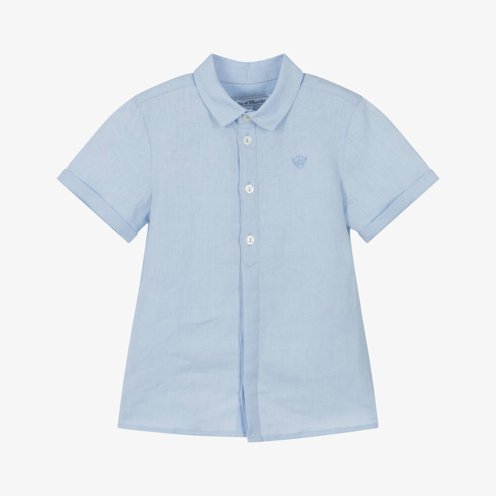 Tartine et Chocolat-Boys Pale Blue Linen Shirt with Embroidered Logo | Childrensalon